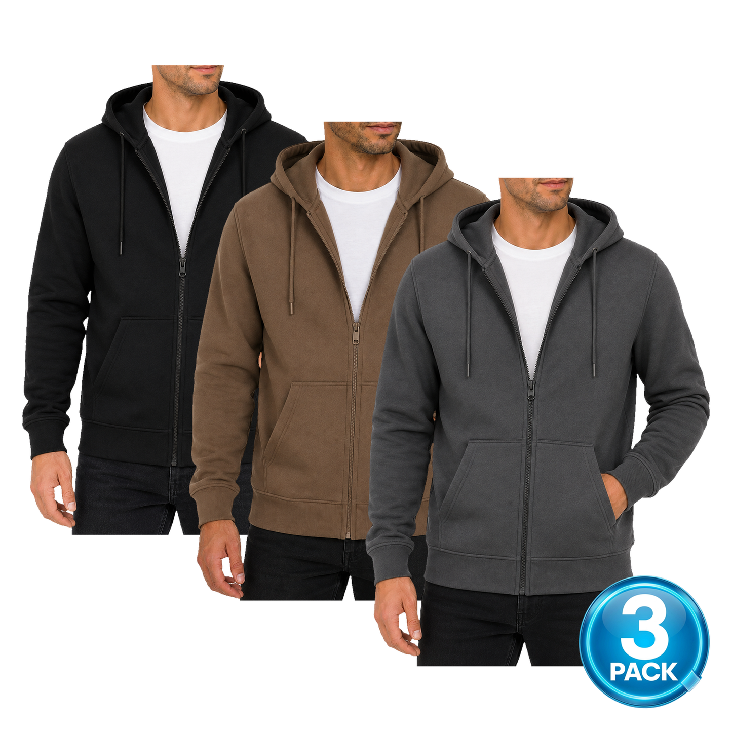 Men's 3-Pack Fleece-Lined Premium Full Zip Hoodie in Black, Brown & Charcoal