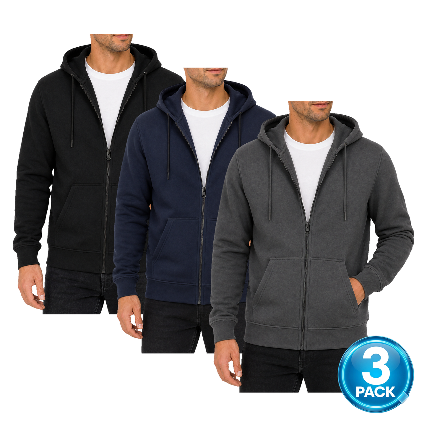 Men's 3-Pack Fleece-Lined Premium Full Zip Hoodie in Black, Navy & Charcoal