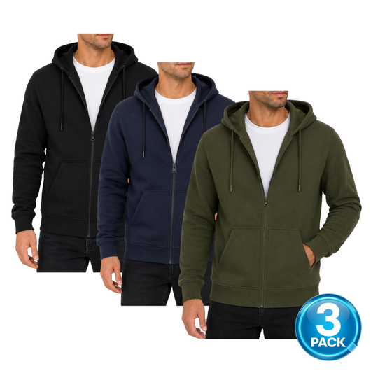 Men's 3-Pack Fleece-Lined Premium Full Zip Hoodie in Black, Navy & Olive