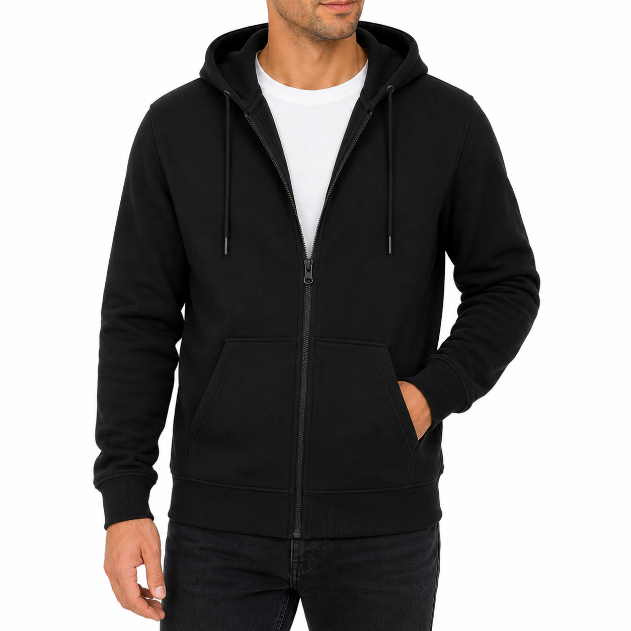 Men's Fleece-Lined Premium Full Zip Hoodie in Black
