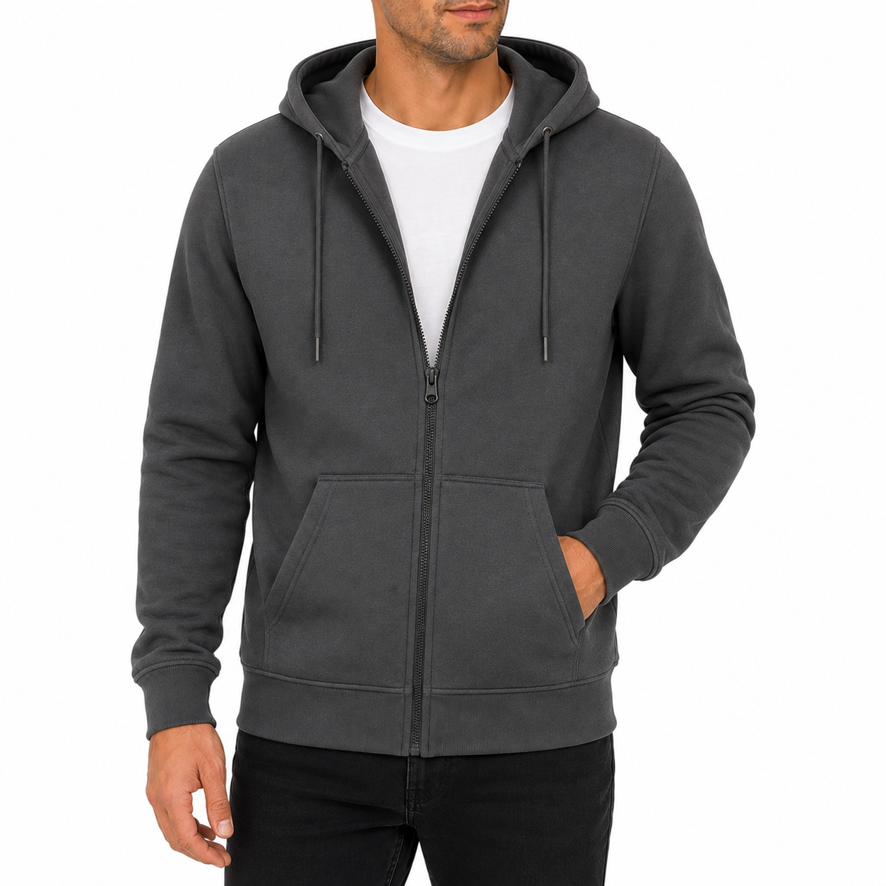 Men's Fleece-Lined Premium Full Zip Hoodie in Charcoal