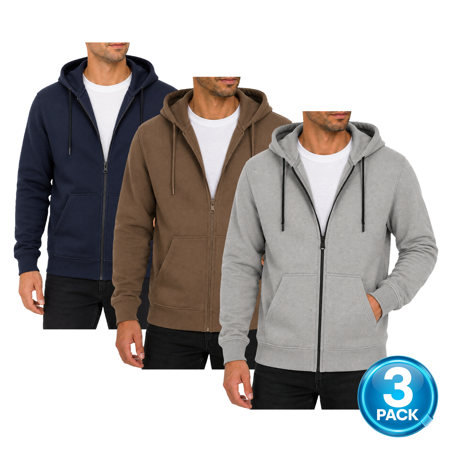 Men's 3-Pack Fleece-Lined Premium Full Zip Hoodie in Navy, Brown & Grey