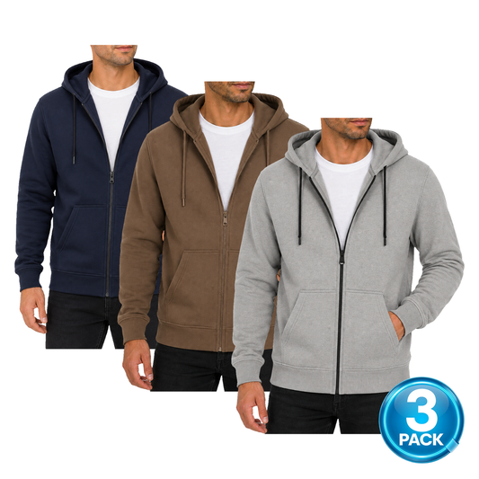Men's 3-Pack Fleece-Lined Premium Full Zip Hoodie in Navy, Brown & Grey