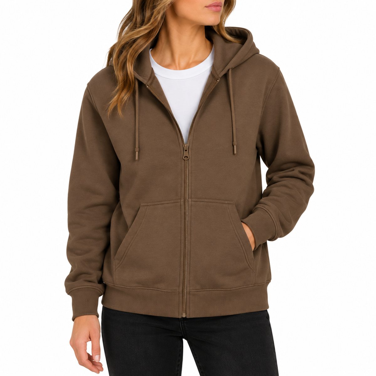 Women's Fleece-Lined Premium Full Zip Hoodie in Light Brown
