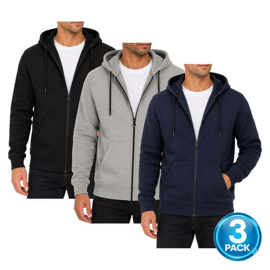 Men's 3-Pack Fleece-Lined Premium Full Zip Hoodie in Black, Grey & Navy