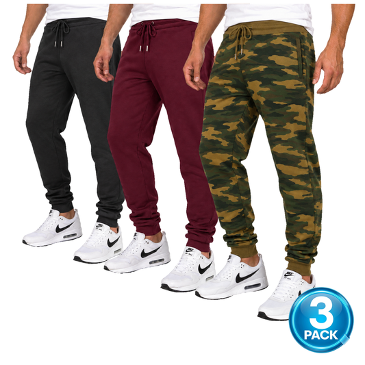 Men's 3 Pack Fleece-Lined Jogger With Hidden Zipper Side Pockets in Black, Burgundy & Camouflage
