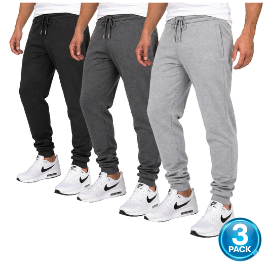 Men's 3 Pack Fleece-Lined Jogger With Hidden Zipper Side Pockets in Black, Charcoal & Heather Grey