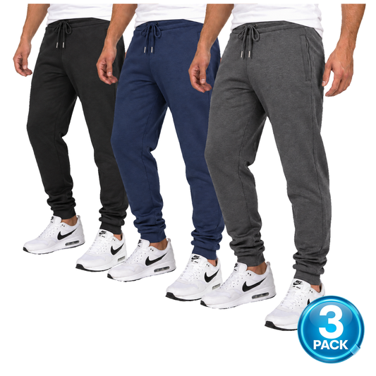 Men's 3 Pack Fleece-Lined Jogger With Hidden Zipper Side Pockets in Black, Charcoal & Navy