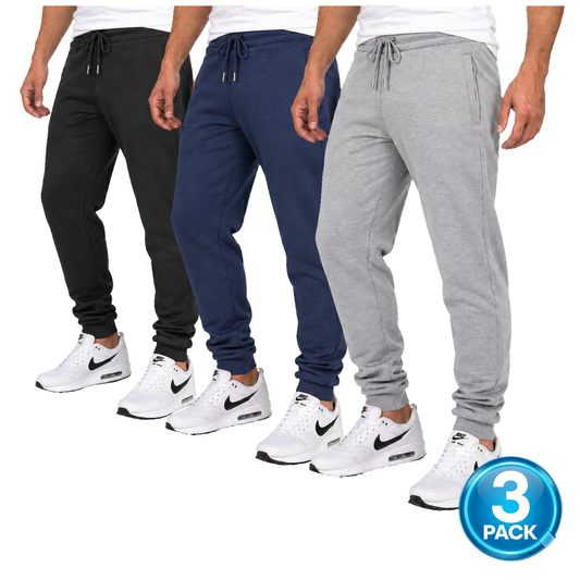 Men's 3 Pack Fleece-Lined Jogger With Hidden Zipper Side Pockets in Navy, Black & Heather Grey