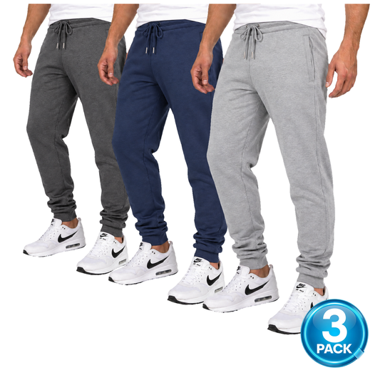 Men's 3 Pack Fleece-Lined Jogger With Hidden Zipper Side Pockets in Navy, Charcoal & Heather Grey