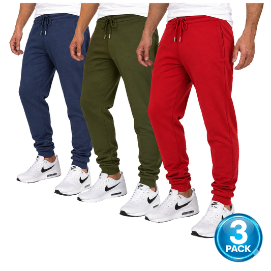 Men's 3 Pack Fleece-Lined Jogger With Hidden Zipper Side Pockets in Navy, Olive & Red