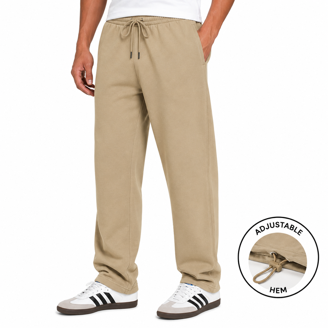 Men's Classic Fleece Sweatpants with Adjustable Drawcord Bottom in Khaki