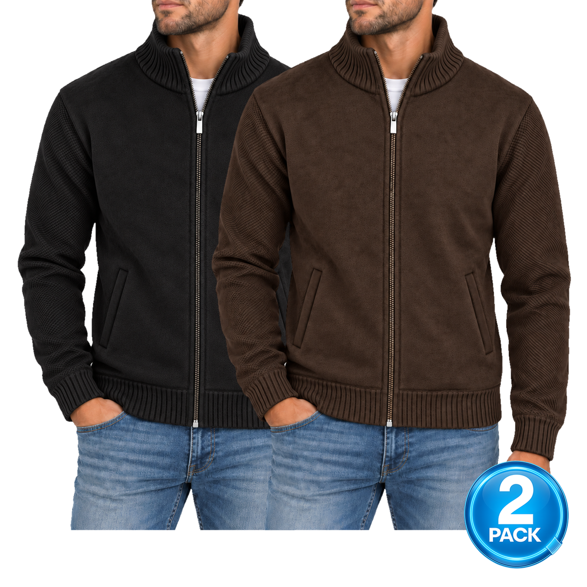 Men's 2-Pack Fleece Lined Full Zip Knit Brown & Black