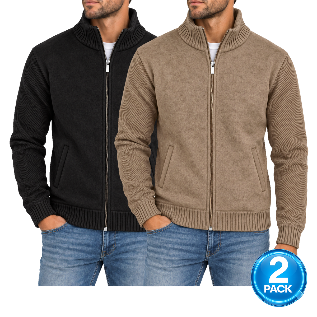 Men's 2-Pack Fleece Lined Full Zip Knit Sweater Black & Camel