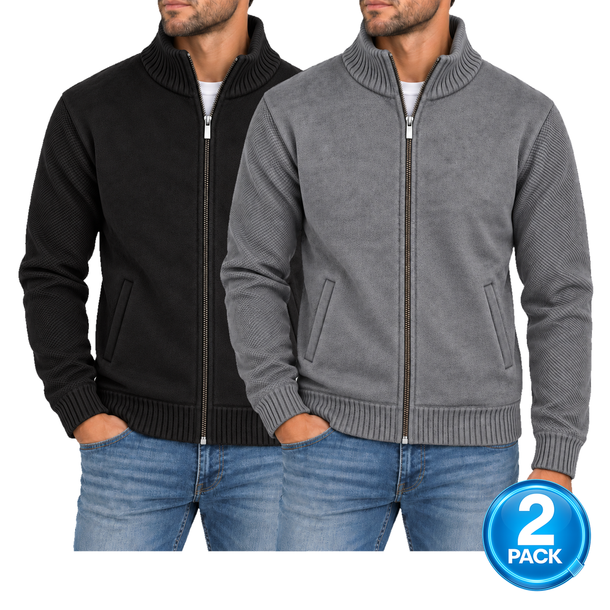 Men's 2-Pack Fleece Lined Full Zip Knit Sweater Black & Grey