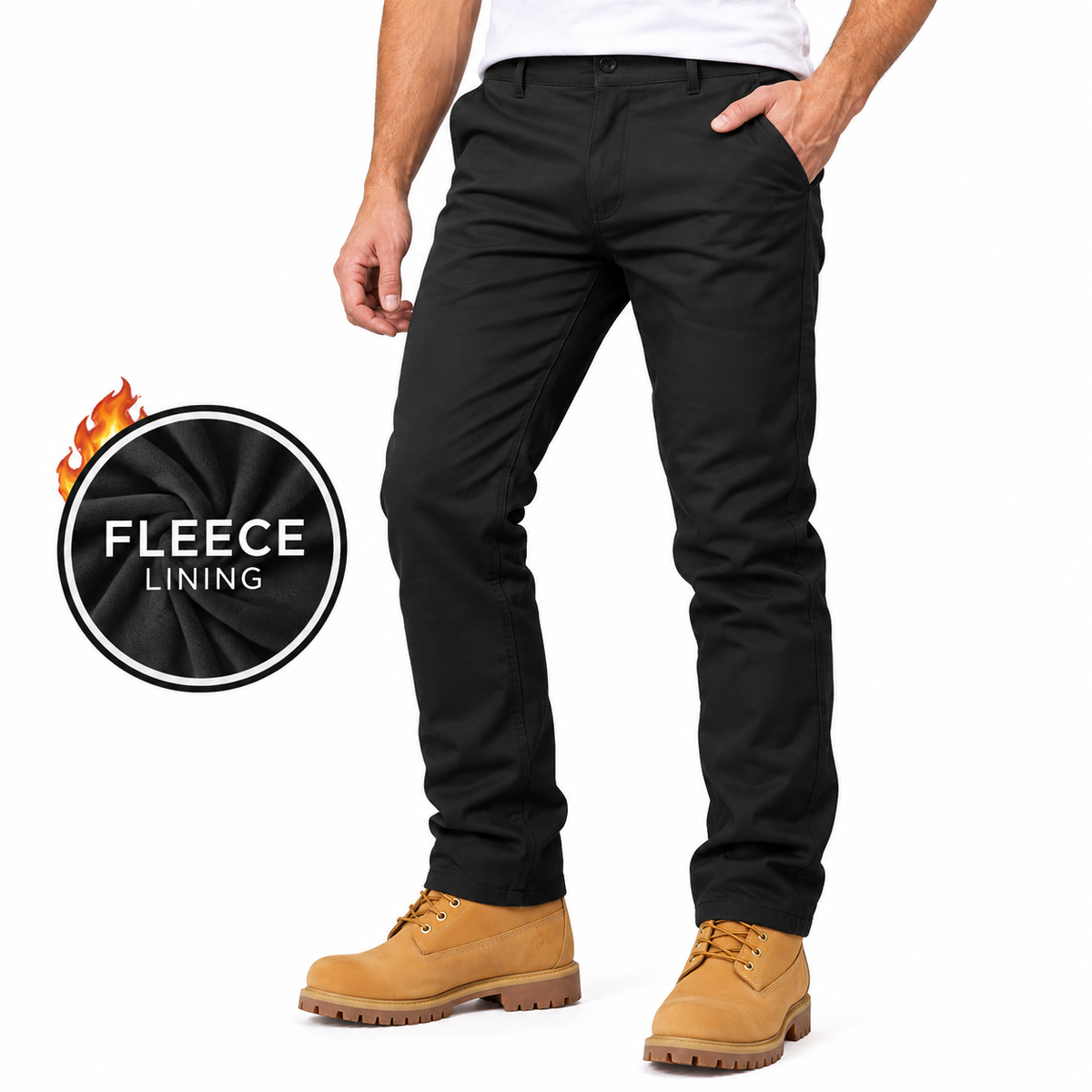Men's Heavyweight Fleece-Lined Stretch Chino Uniform Work Pants in Black