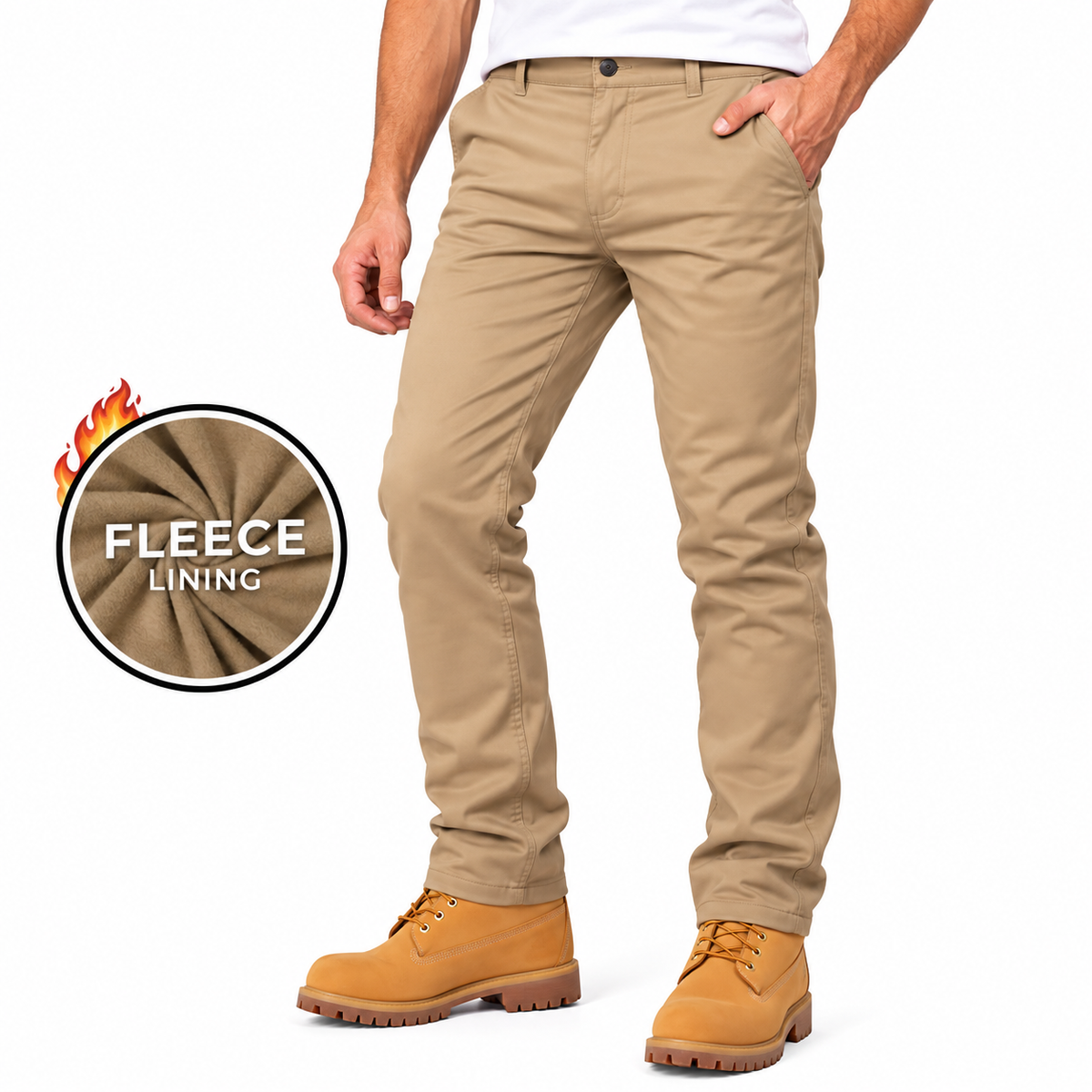 Men's Heavyweight Fleece-Lined Stretch Chino Uniform Work Pants in Khaki