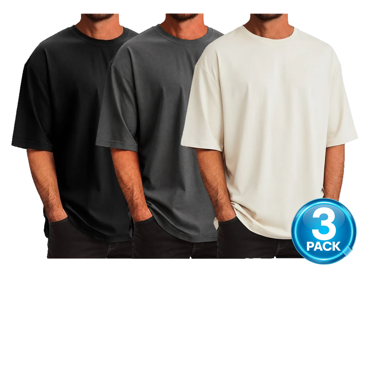 Men's 3-Pack Oversized 100% Cotton Drop T-Shirt in Black, Dark Grey & Ivory