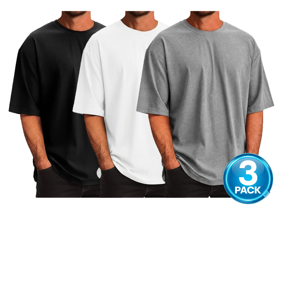 Men's 3-Pack Oversized 100% Cotton Drop T-Shirt in Black, White & Heather Grey