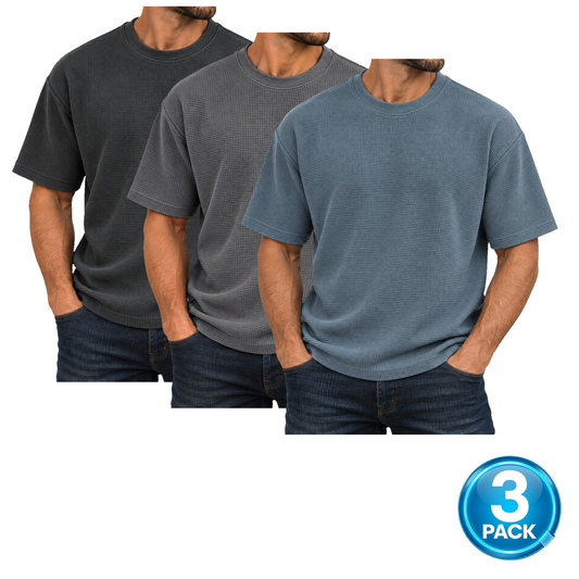 Men's 3 Pack Heavyweight Micro Waffle Knit Drop Shoulder Short Sleeve Tee in Black, Dark Grey & Steel Blue