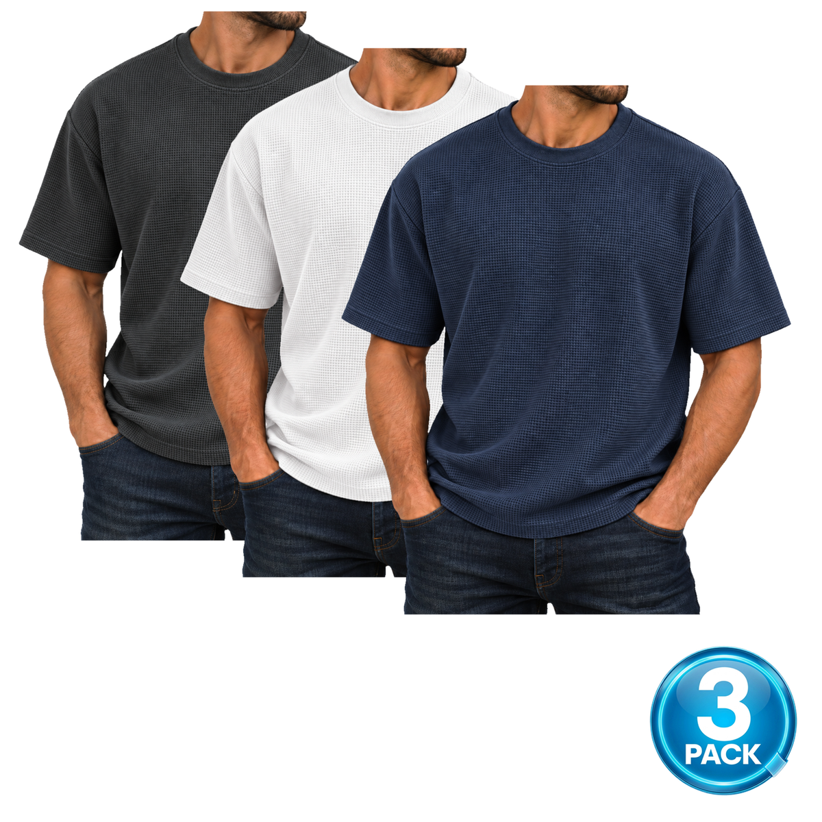 Men's 3 Pack Heavyweight Micro Waffle Knit Drop Shoulder Short Sleeve Tee in Black, White & Navy