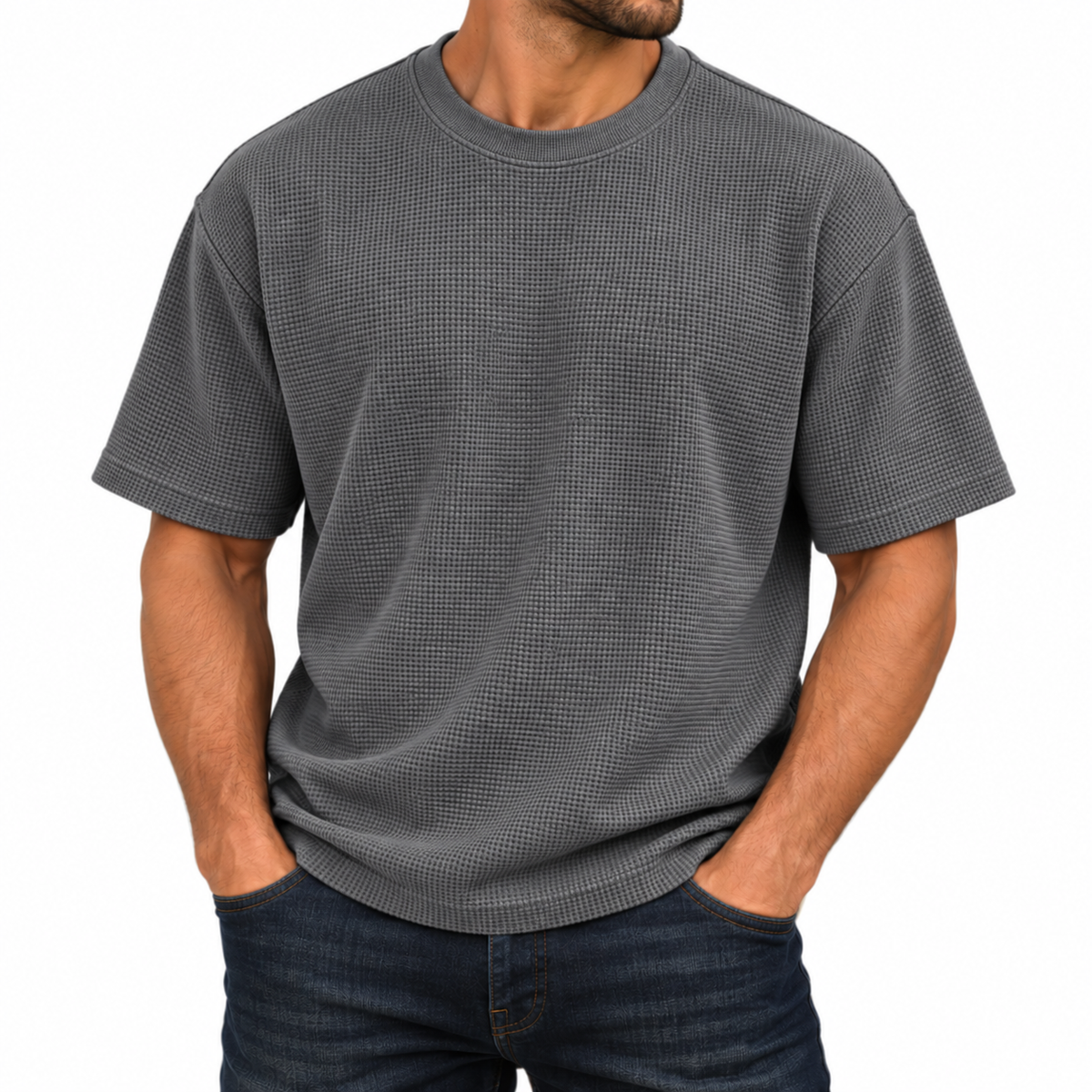 Men's Heavyweight Micro Waffle Knit Drop Shoulder Short Sleeve Tee in Dark Grey