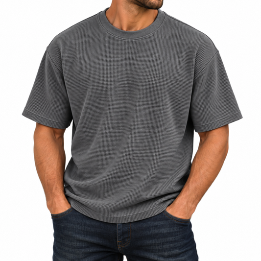 Men's Heavyweight Micro Waffle Knit Drop Shoulder Short Sleeve Tee in Dark Grey