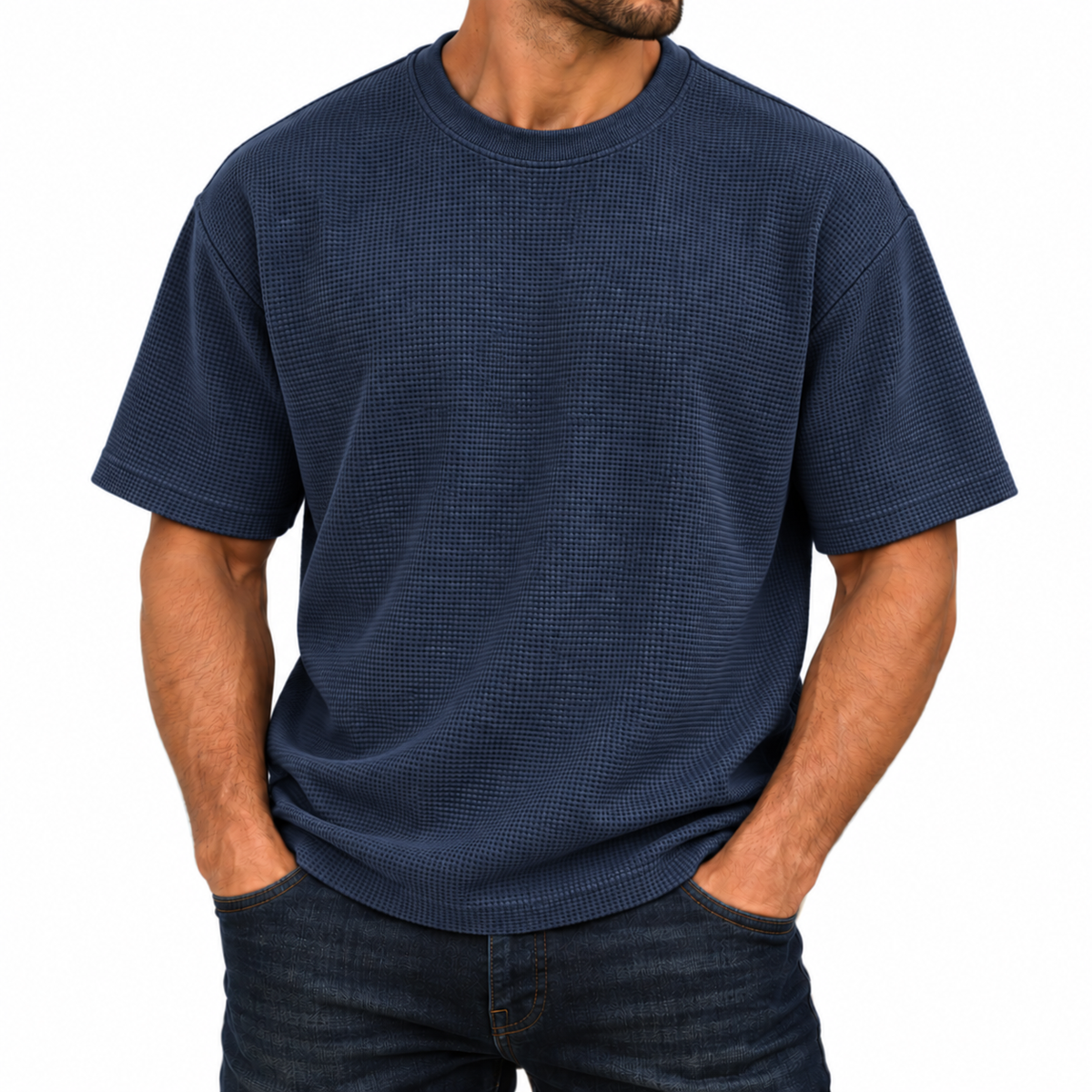 Men's Heavyweight Micro Waffle Knit Drop Shoulder Short Sleeve Tee in Navy