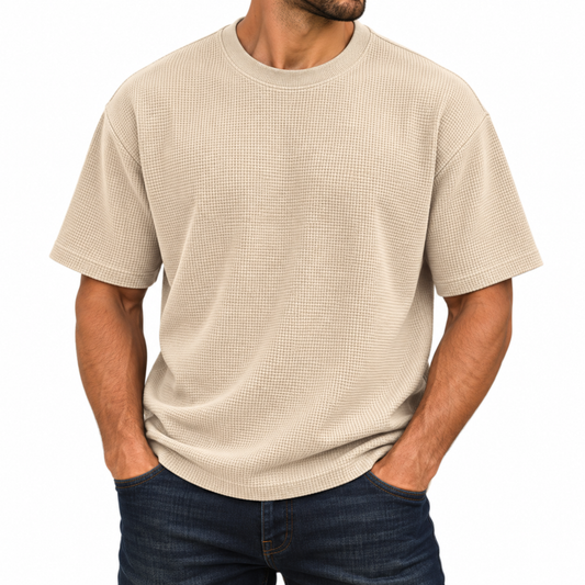 Men's Heavyweight Micro Waffle Knit Drop Shoulder Short Sleeve Tee in Sand