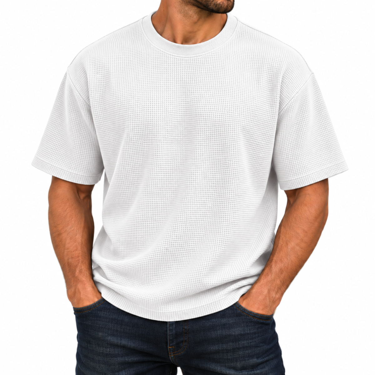 Men's Heavyweight Micro Waffle Knit Drop Shoulder Short Sleeve Tee in White