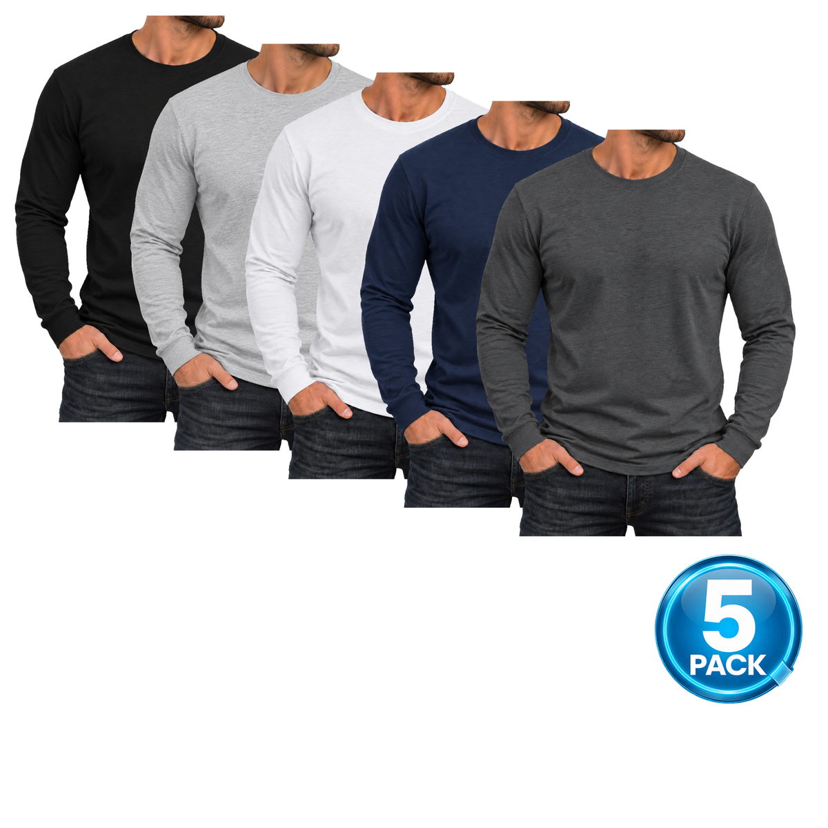 Men's 5 Pack Cotton-Blend Long Sleeve T-Shirts in Black, Heather Grey, White, Navy & Charcoal