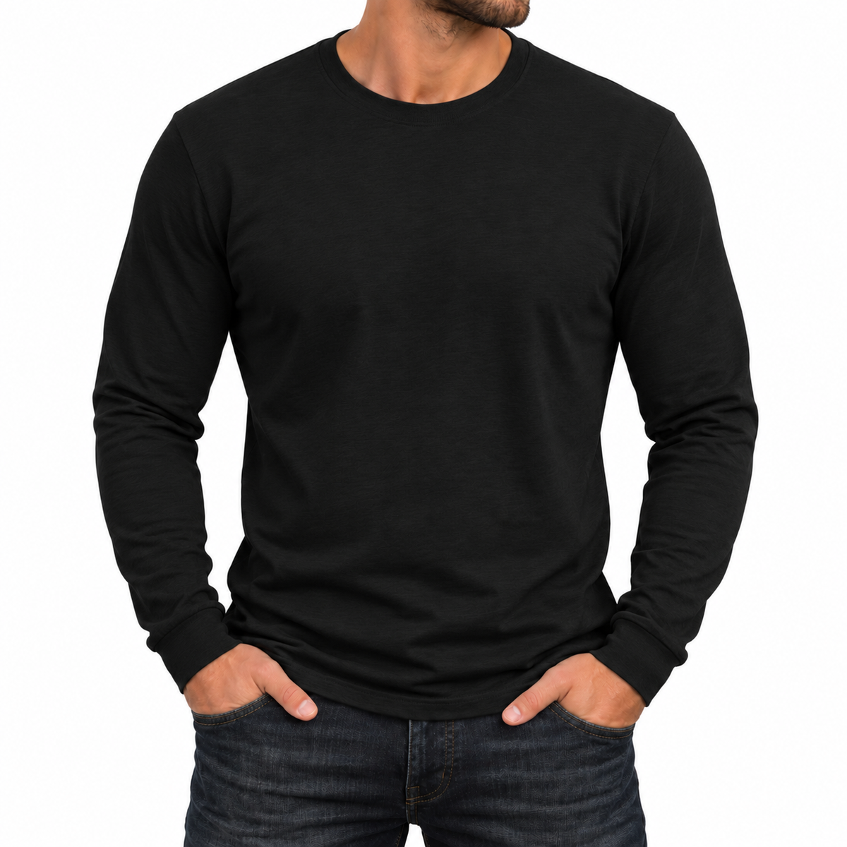 24 Pack - Wholesale Men's Cotton-Blend Long Sleeve Crew Neck T-Shirt in Black
