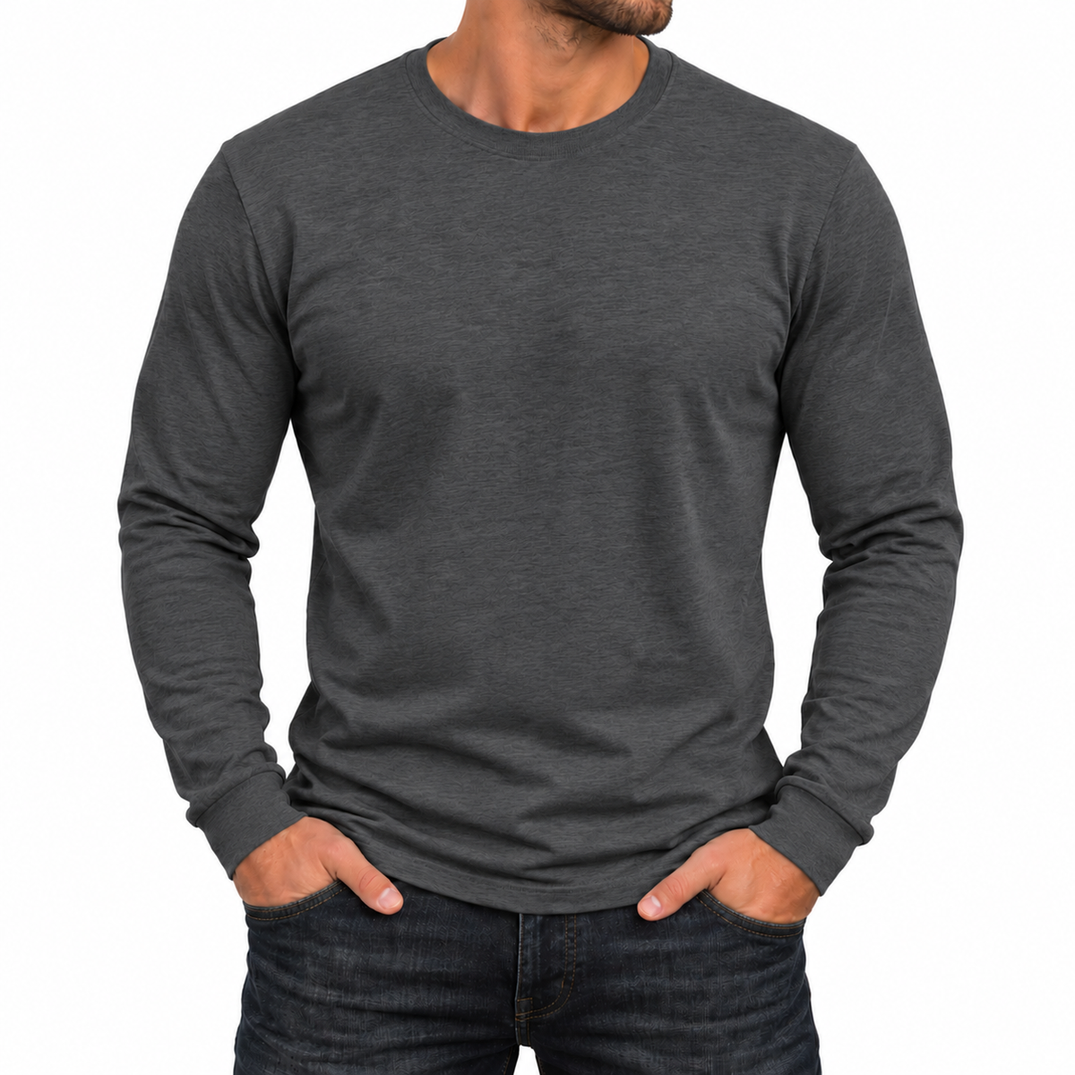 Men's Cotton-Blend Long Sleeve Crew Neck T-Shirt in Charcoal