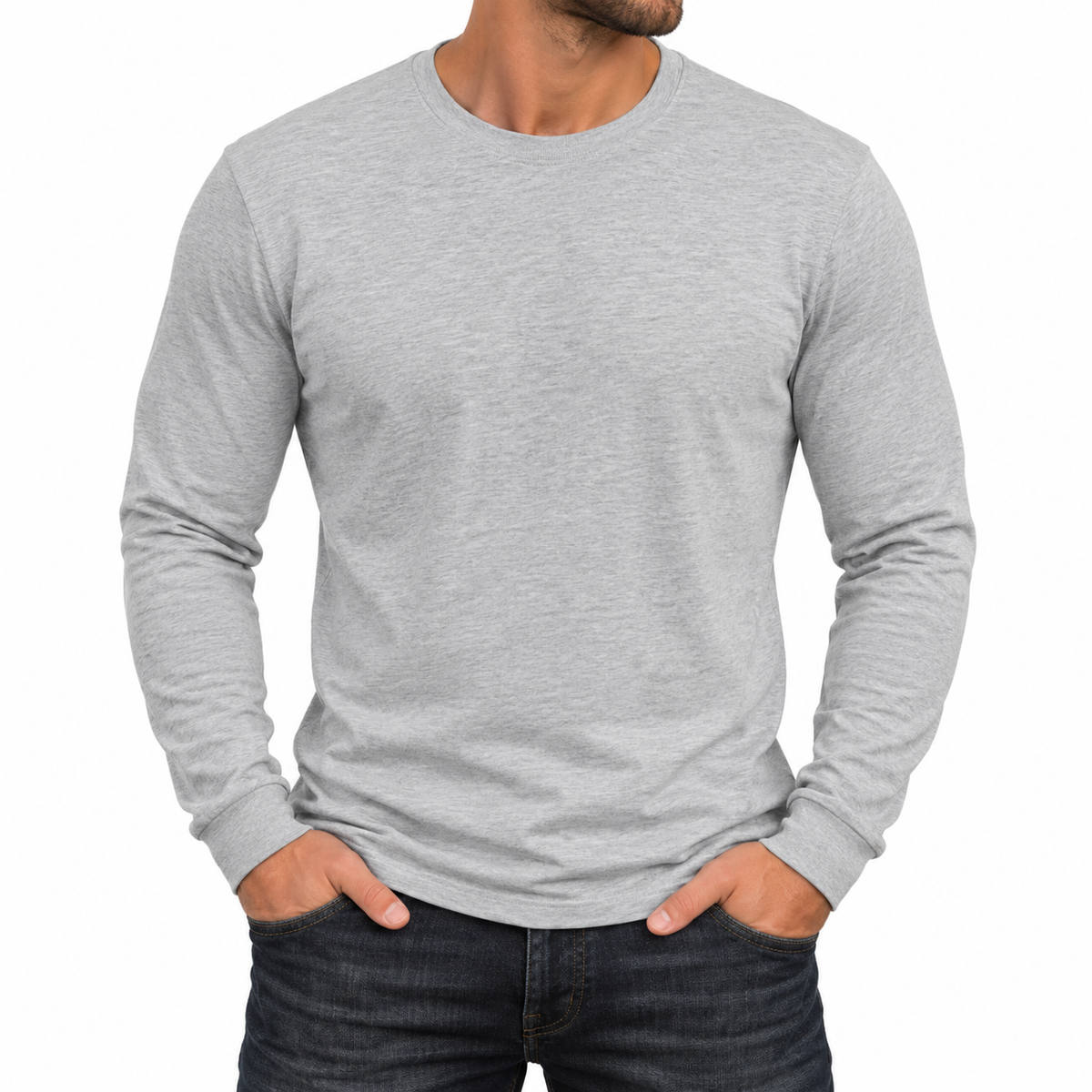24 Pack - Wholesale Men's Cotton-Blend Long Sleeve Crew Neck T-Shirt in Heather Grey