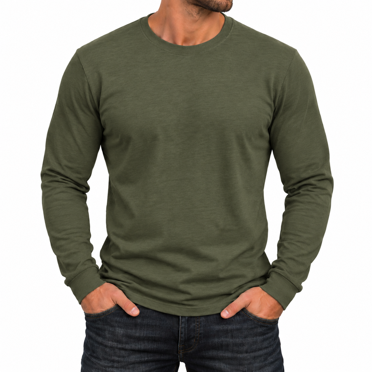 Men's Cotton-Blend Long Sleeve Crew Neck T-Shirt in Olive