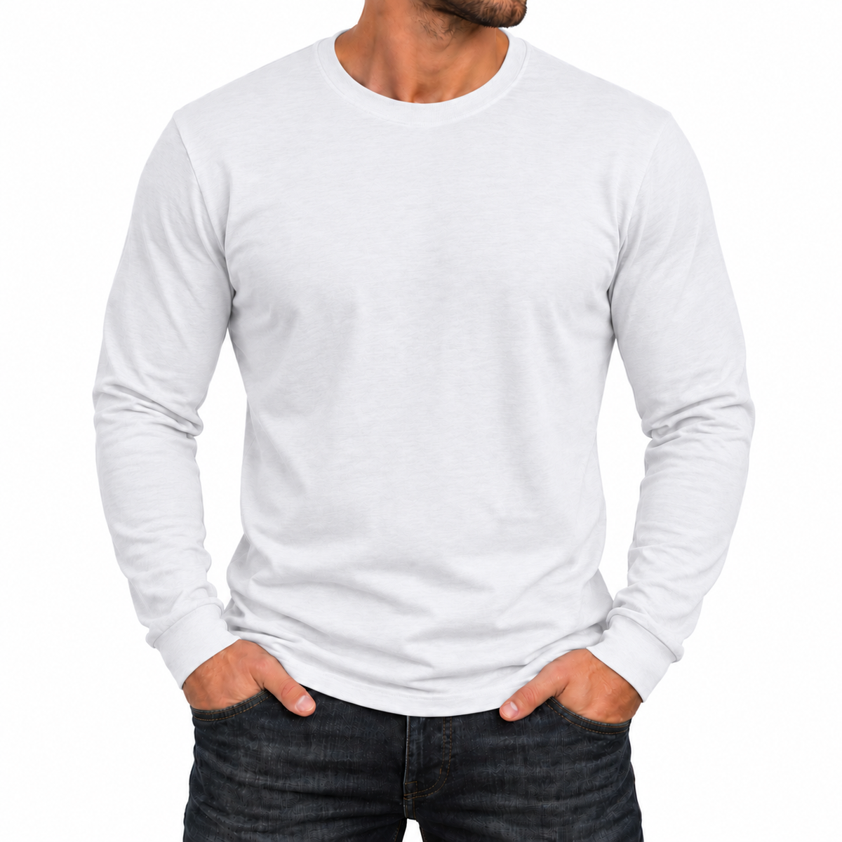 Men's Cotton-Blend Long Sleeve Crew Neck T-Shirt in White