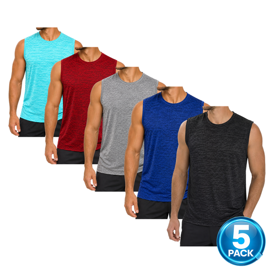 Men's 5-Pack Space Dye Moisture-Wicking Performance Muscle Shirt - Black / Red / Aqua / Grey / Blue