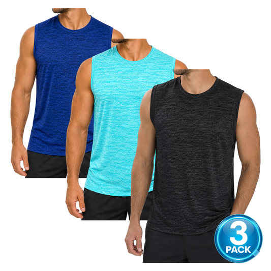 Men's 3-Pack Space Dye Dri-Fit Performance Muscle Shirt - Black / Aqua / Royal Blue
