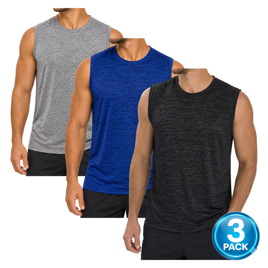 Men's 3-Pack Space Dye Moisture-Wicking Performance Muscle Shirt - Black / Grey / Blue