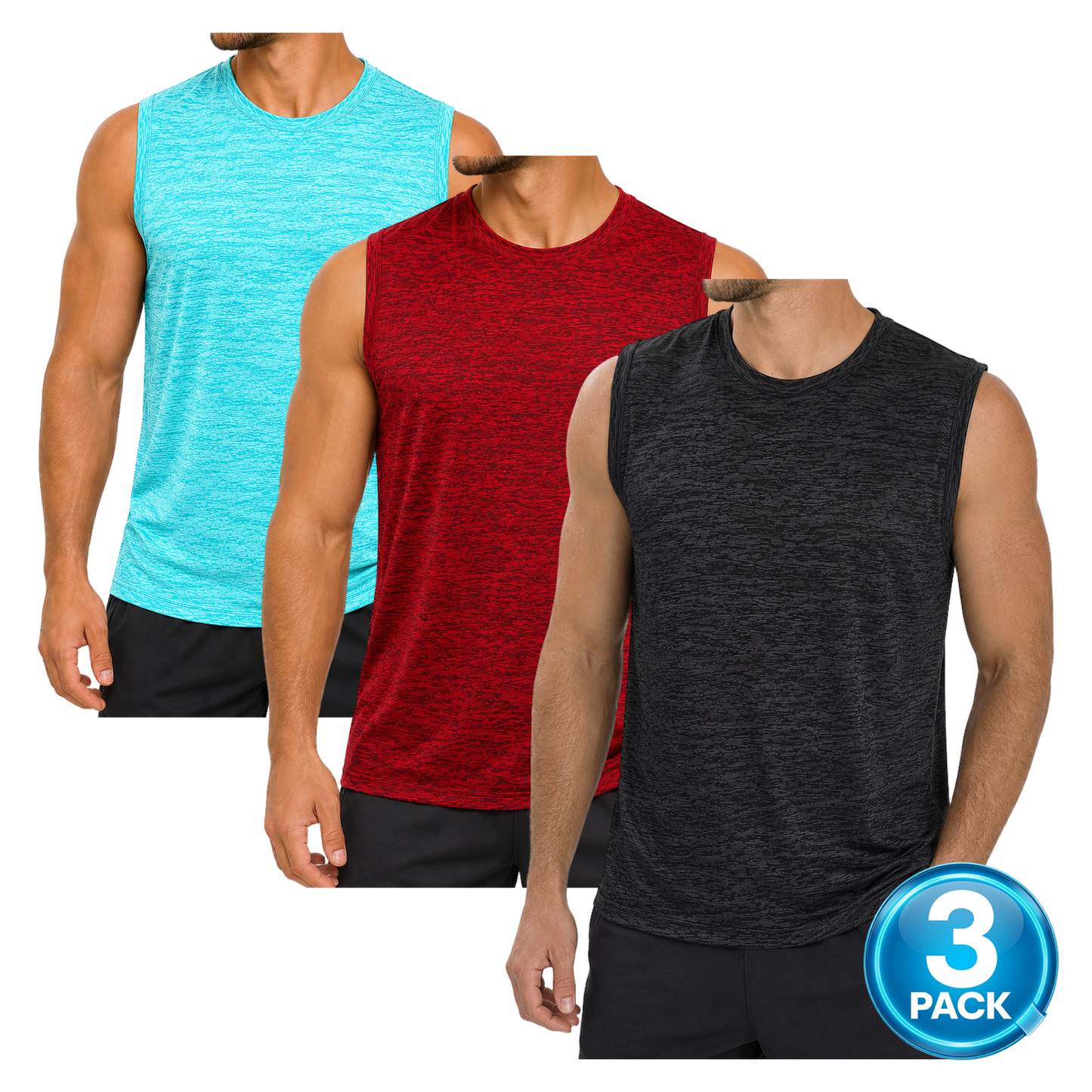 Men's 3-Pack Space Dye Moisture-Wicking Performance Muscle Shirt - Black / Red / Aqua