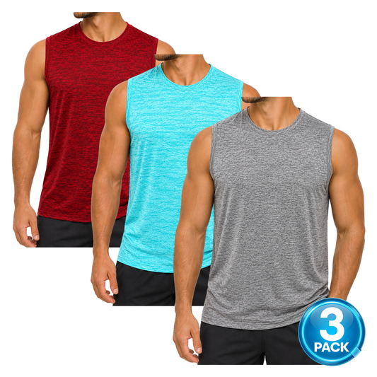 Men's 3-Pack Space Dye Dri-Fit Performance Muscle Shirt - Grey / Aqua / Red