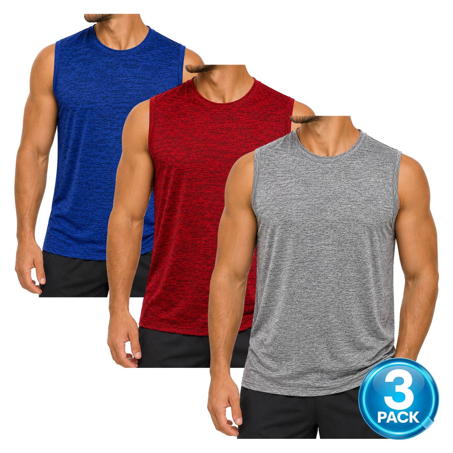 Men's 3-Pack Space Dye Moisture-Wicking Performance Muscle Shirt - Grey / Red / Blue