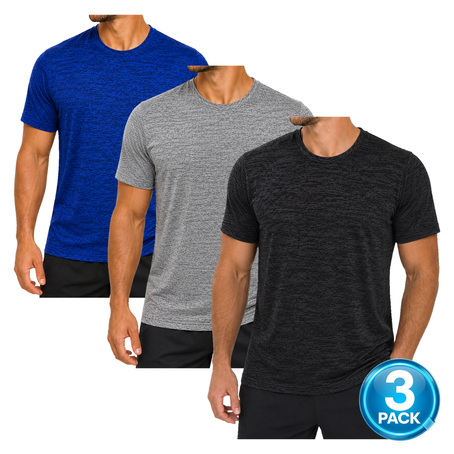 Men's 3-Pack Space Dye Dri-Fit Performance T-Shirt - Black / Grey / Blue