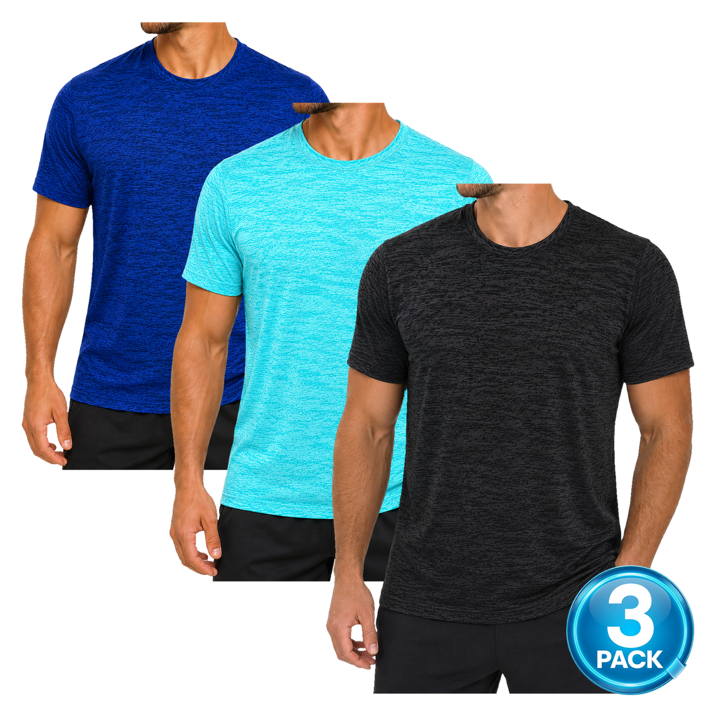Men's 3-Pack Space Dye Dri-Fit Performance T-Shirt - Black / Aqua / Blue