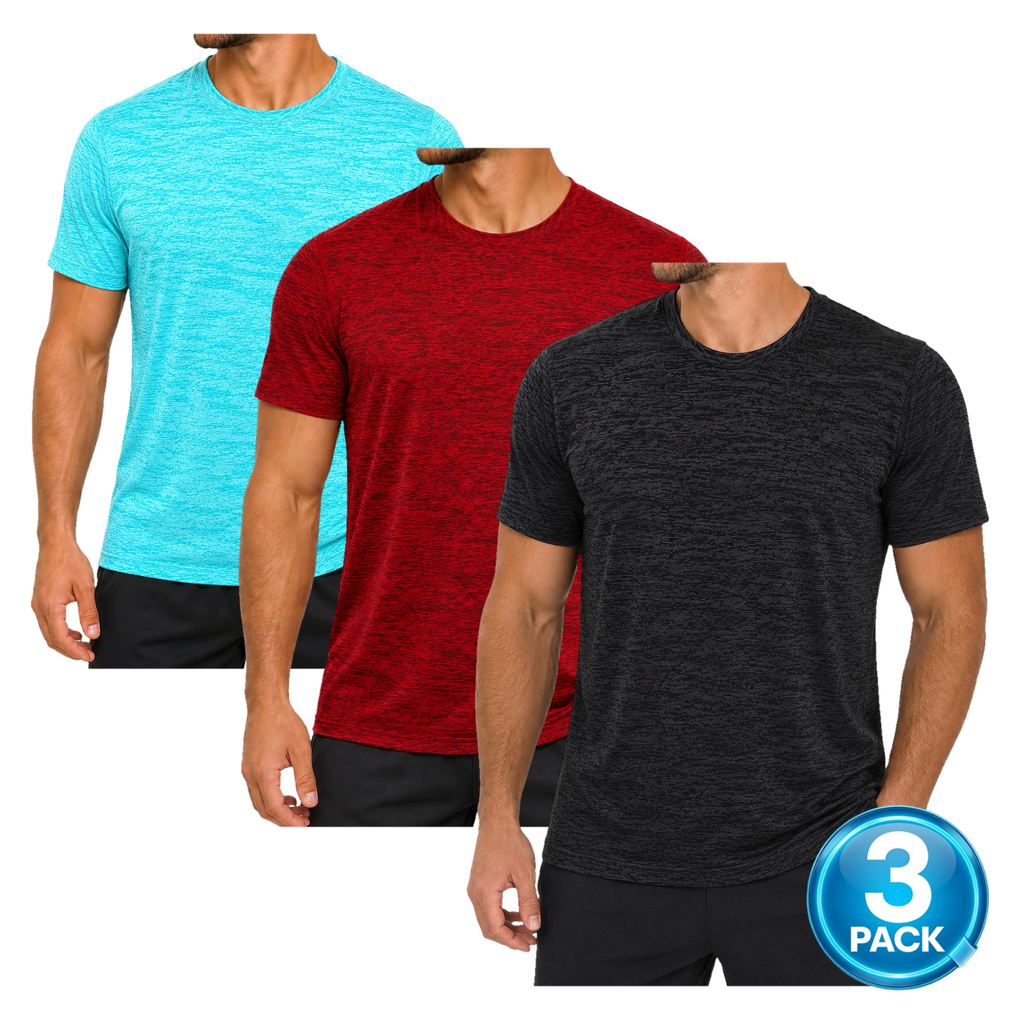 Men's 3-Pack Space Dye Dri-Fit Performance T-Shirt - Black / Red / Aqua
