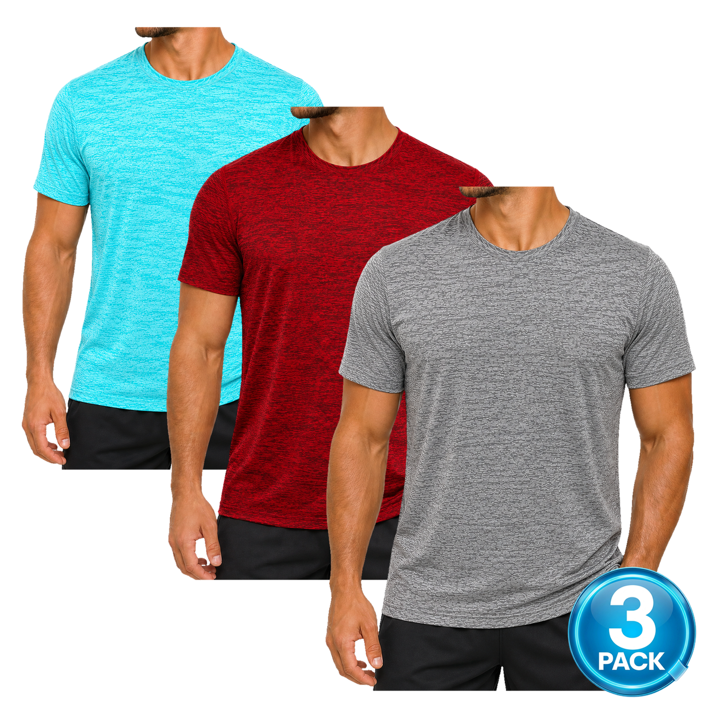 Men's 3-Pack Space Dye Dri-Fit Performance T-Shirt - Grey / Aqua / Red