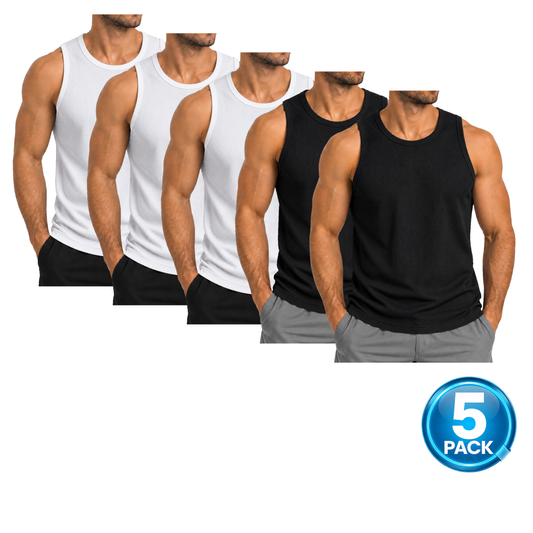 Men's 5 Pack Micro Waffle Knit Heavyweight Sleeveless Tank Top 3 White & 2 Black