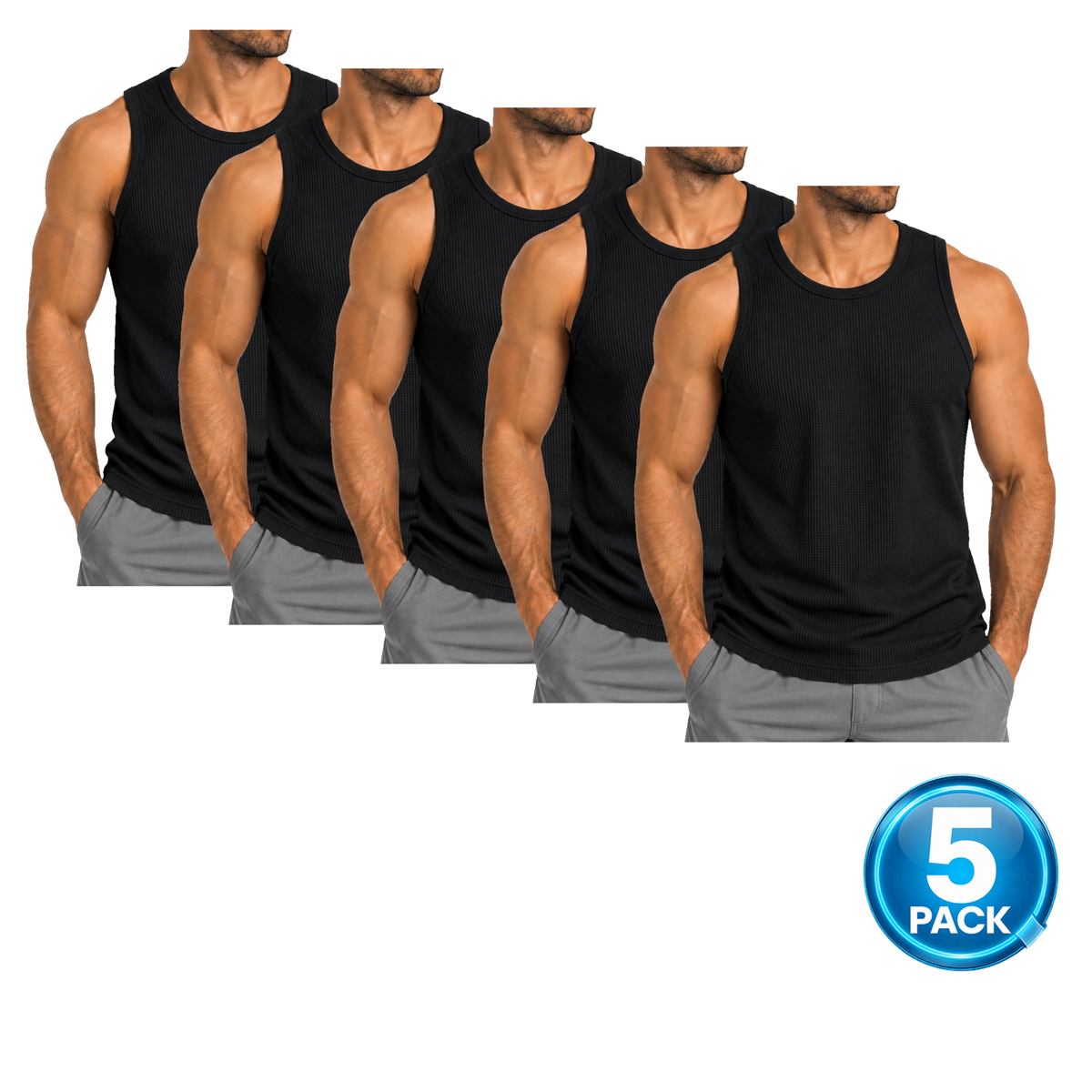 Men's 5 Pack Micro Waffle Knit Heavyweight Sleeveless Tank Top in Black
