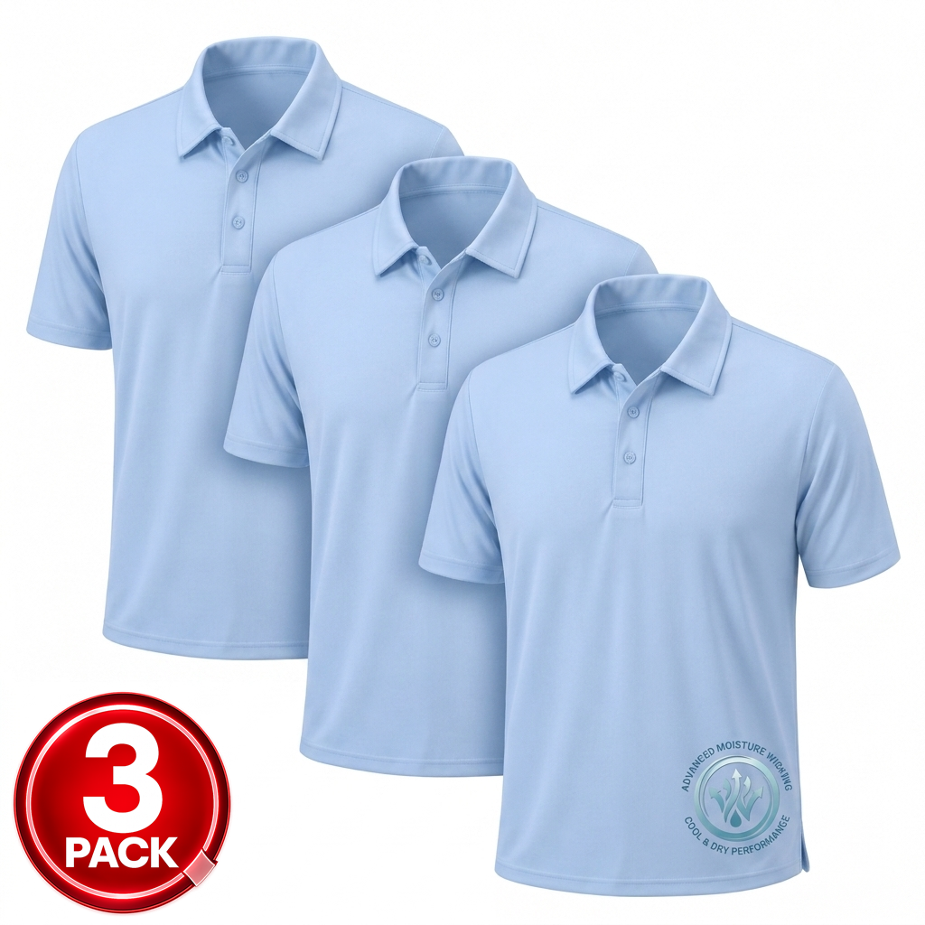 Men's 3-Pack Short Sleeve Performance Polo Shirt in Light Blue