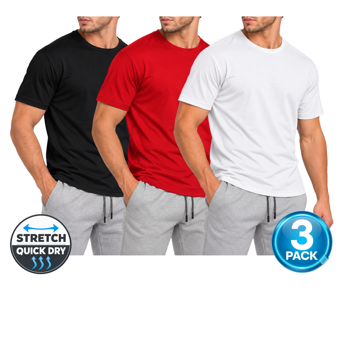 Men's 3-Pack Active Performance Crew Neck T-Shirt in Black / Red / White